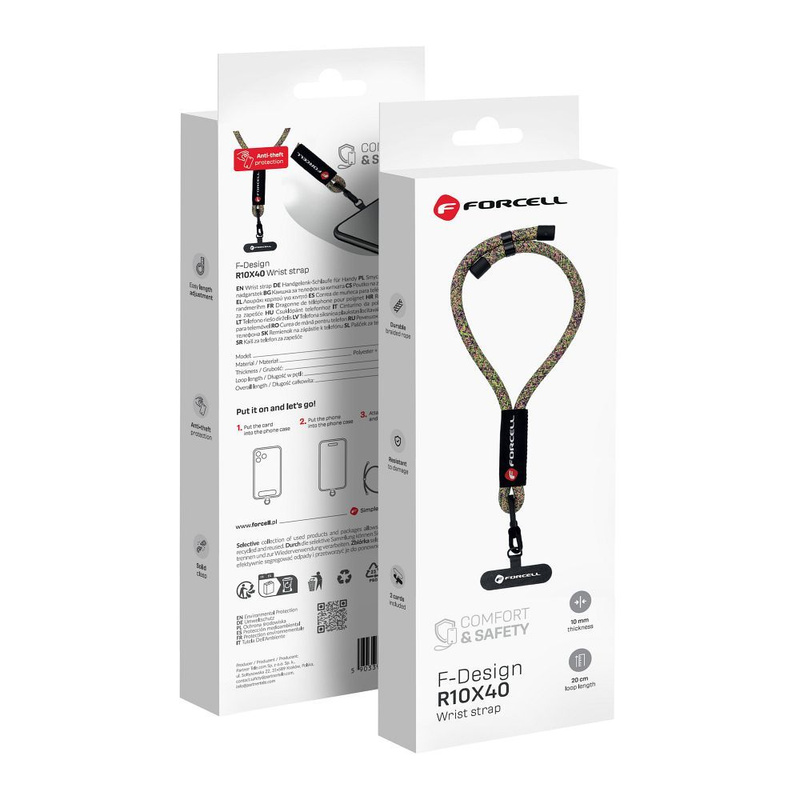 Smycz do telefonu na nadgarstek z regulacją długości Forcell F-Design R10X40 (max 20cm w pętli) zielono różowo fioletowa