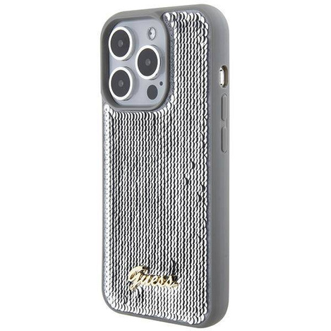 Guess Pailletten-Schriftzug-Metallgehäuse für iPhone 15 Pro – Silber