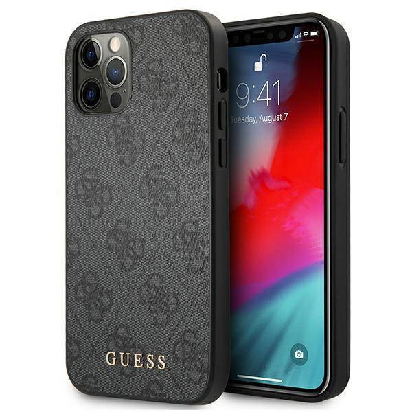 Original Handyhülle IPHONE 12 / 12 PRO Guess Hard Case 4G Metal Gold Logo (GUHCP12MG4GFGR) grau