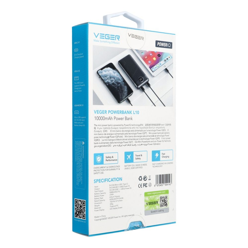 Bateria zewnętrzna (Powerbank) VEGER L10 - 10 000mAh LCD czarny (W1105)