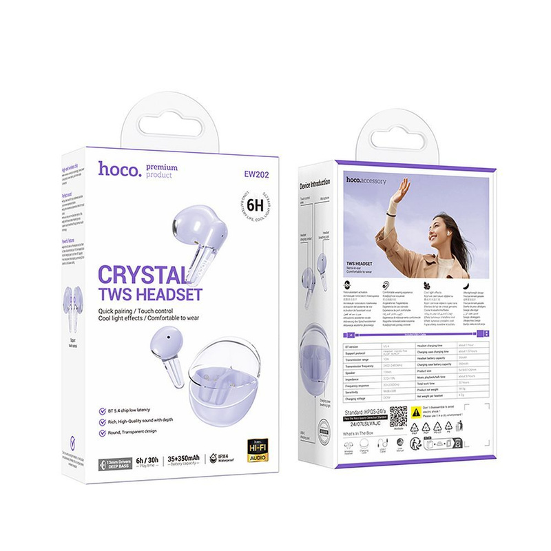 Słuchawki bezprzewodowe douszne Hoco TWS EW202 fioletowe