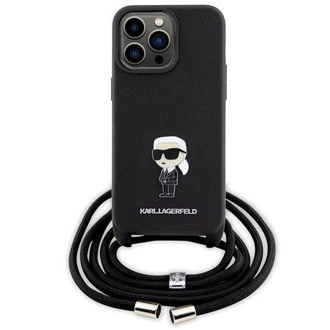 Karl Lagerfeld Crossbody Saffiano Monogram Metal Pin Karl &amp; Choupette Case for iPhone 15 Pro Max - Black