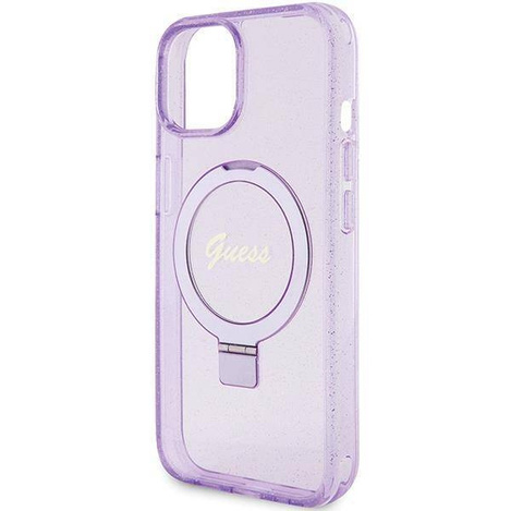 Guess Ring Stand Script Glitter MagSafe Hülle für iPhone 15 Plus / 14 Plus – Lila