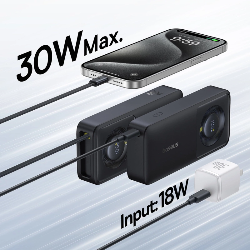 Baseus Free2Pull 10000 mAh 30 W Powerbank mit USB-C-Anschluss und einziehbarem USB-C-Kabel – Schwarz