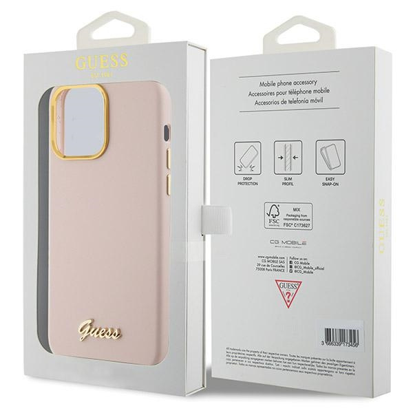 Guess Silikon Script Metal Logo &amp; Frame Hülle für iPhone 15 Pro Max – Rosa