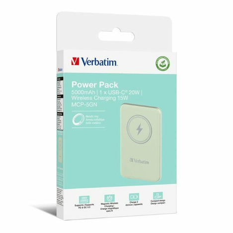 Verbatim Powerbank indukcyjny `n` Go 15W 5000mAh Wireless Magnetic zielony/green 32241