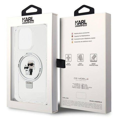Oryginalne Etui IPHONE 15 PRO MAX Karl Lagerfeld Hardcase Ring Stand Karl&Choupettte MagSafe białe