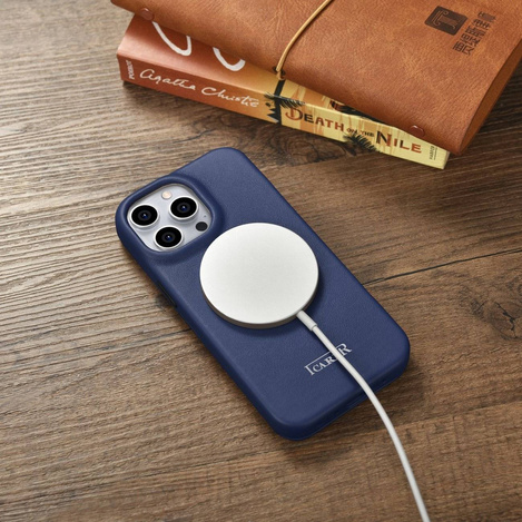 iCarer CE Premium Leather Folio Case skórzane etui iPhone 14 Pro z klapką magnetyczne MagSafe niebieski (WMI14220714-BU)