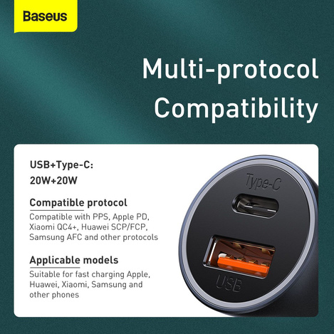 Baseus Golden Contactor Pro szybka ładowarka samochodowa USB Typ C / USB 40 W Power Delivery 3.0 Quick Charge 4+ SCP FCP AFC + kabel USB - USB Typ C szary (TZCCJD-0G)