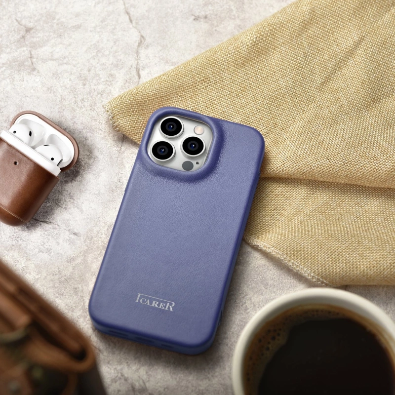 iCarer CE Premium Leather Folio Case skórzane etui iPhone 14 Pro z klapką magnetyczne MagSafe jasnofioletowy (WMI14220714-LP)