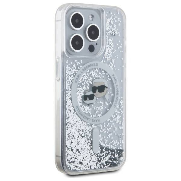 Original Handyhülle IPHONE 15 PRO Karl Lagerfeld Hardcase Liquid Glitter Karl&Choupette Head MagSafe (KLHMP15LLGKCSGH) transparent