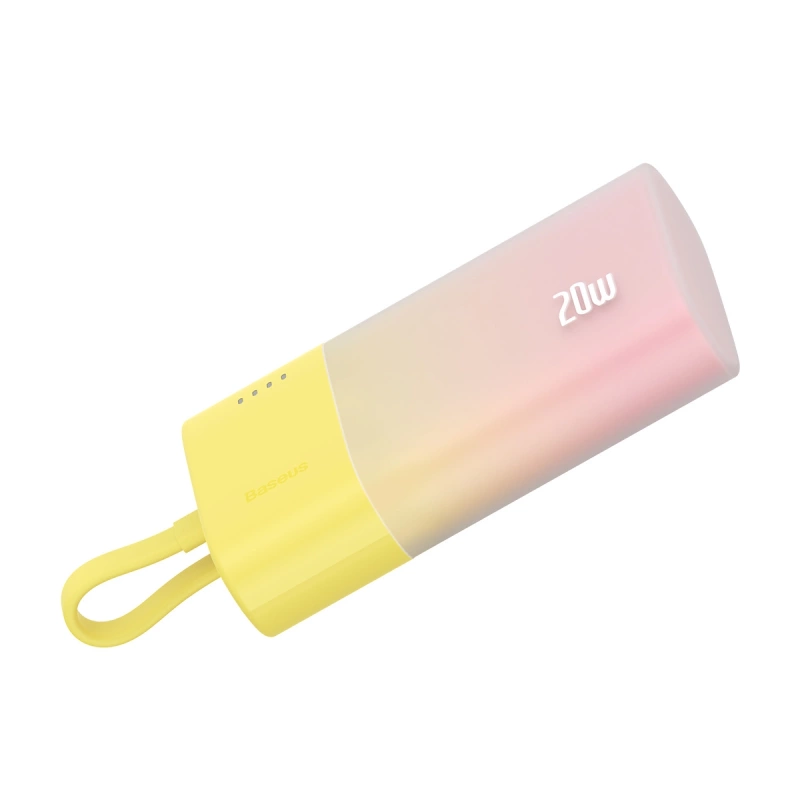 Baseus Popsicle 5200mAh 20W Powerbank with Built-in Lightning Cable (+ White Baseus Simple USB-C - USB-C 60W/20V/3A/30cm Cable) - Yellow-Pink