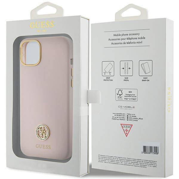 Guess Silikon Logo Strass 4G Hülle für iPhone 15 - Hellrosa