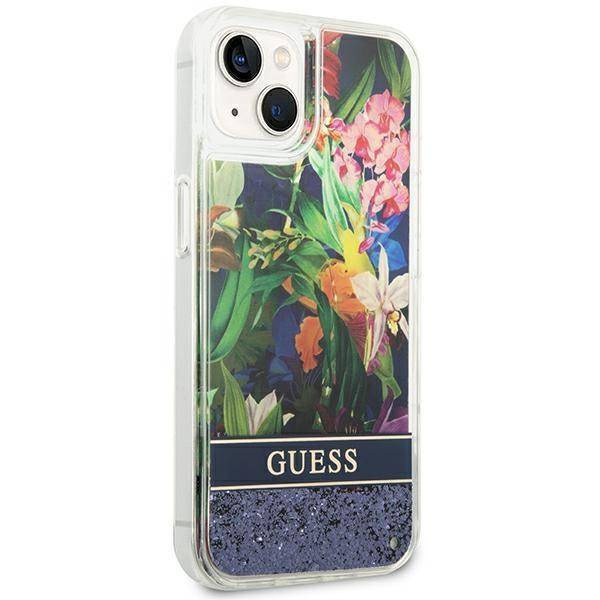 Schutzhülle IPHONE 14 PLUS Guess Hardcase Flower Liquid Glitter blau