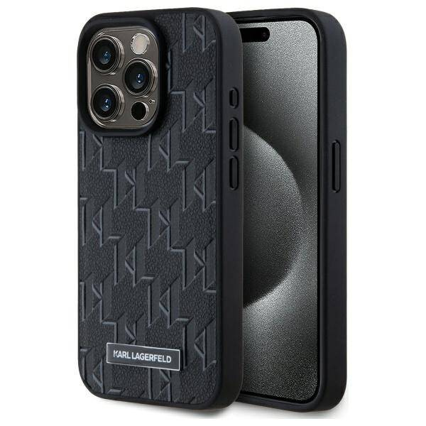 Original Handyhülle IPHONE 15 PRO Karl Lagerfeld Hardcase Leather Monogram Metal Logo MagSafe (KLHMP15LPKHPORPK) schwarz