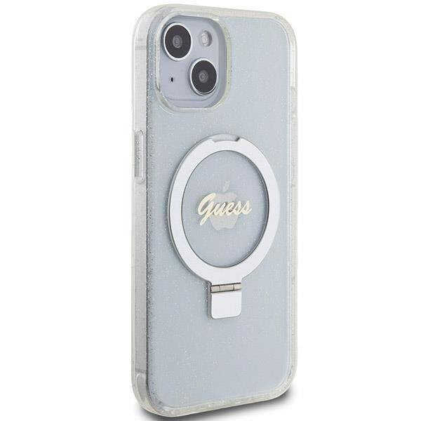 Oryginalne Etui IPHONE 13 / 14 / 15 Guess Hardcase Ring Stand Script Glitter MagSafe (GUHMP15SHRSGSD) transparentne
