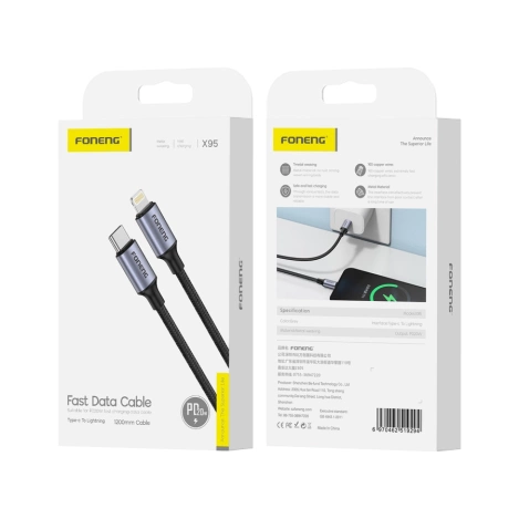 FONENG cable X95 USB-C - Lightning PD 20W 1.2M Black