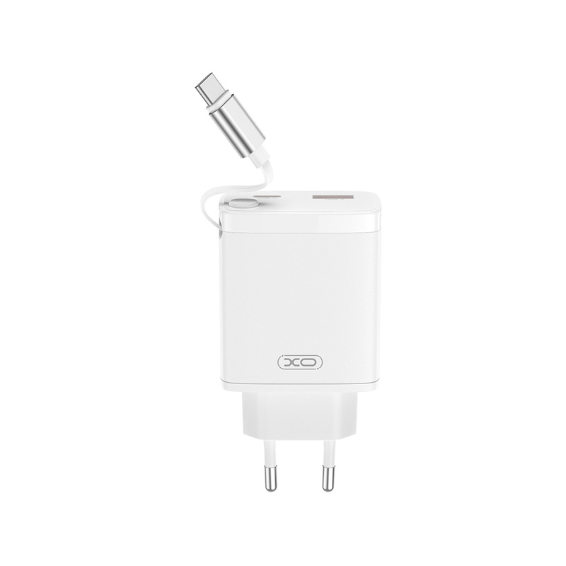 XO ładowarka sieciowa CE31 1x USB 1x USB-C 30W biała z kablem USB-C zwijanym