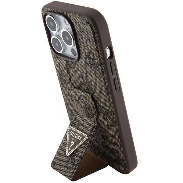 Guess Grip Stand 4G Triangle Strass Hülle für iPhone 15 Pro Max - braun