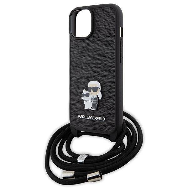 Etui Karl Lagerfeld Crossbody Saffiano Metal Pin Karl & Choupette na iPhone 15 - czarne