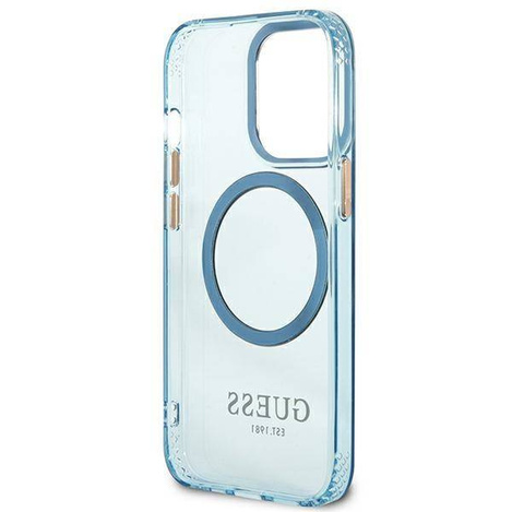Original Handyhülle IPHONE 13 PRO Guess Hard Case Gold Outline Translucent MagSafe (GUHMP13LHTCMB) blau