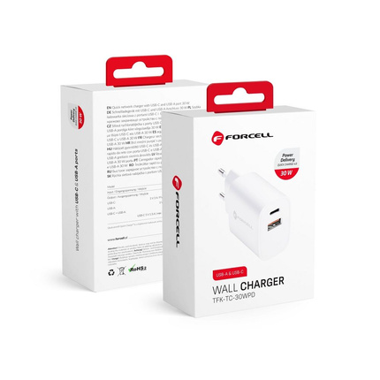 Forcell Ładowarka Sieciowa - 3A 30W z dwoma portami: USB typ C i USB A z ładowaniem PD i QC 4.0