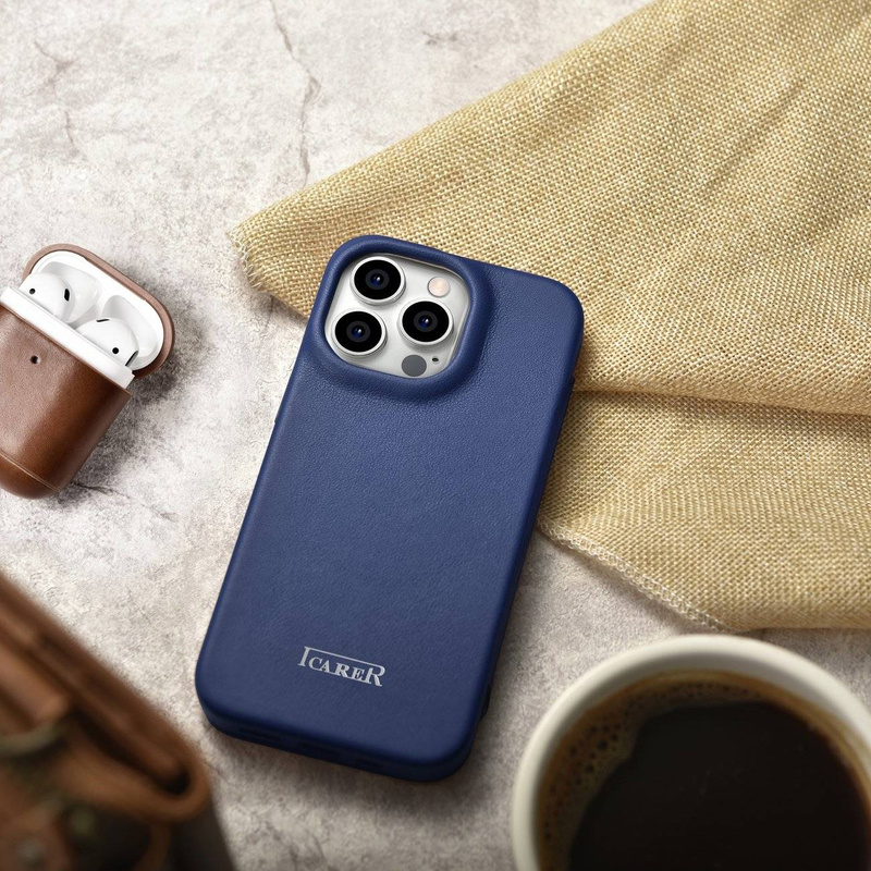 iCarer CE Premium Leather Folio Case skórzane etui iPhone 14 Pro z klapką magnetyczne MagSafe niebieski (WMI14220714-BU)