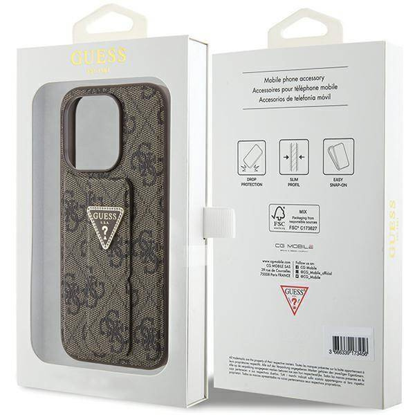 Guess Grip Stand 4G Triangle Strass Hülle für iPhone 15 Pro Max - braun