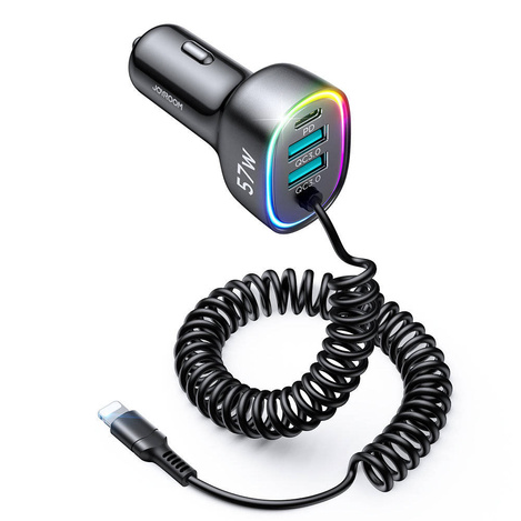 Joyroom 4-in-1-Auto-Schnellladegerät PD, QC3.0, AFC, FCP mit 1,6 m langem 57-W- Lightning -Kabel, schwarz (JR-CL20)