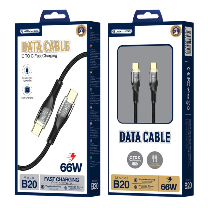JELLICO cable B20 USB-C - USB-C PD 66W 1M Black