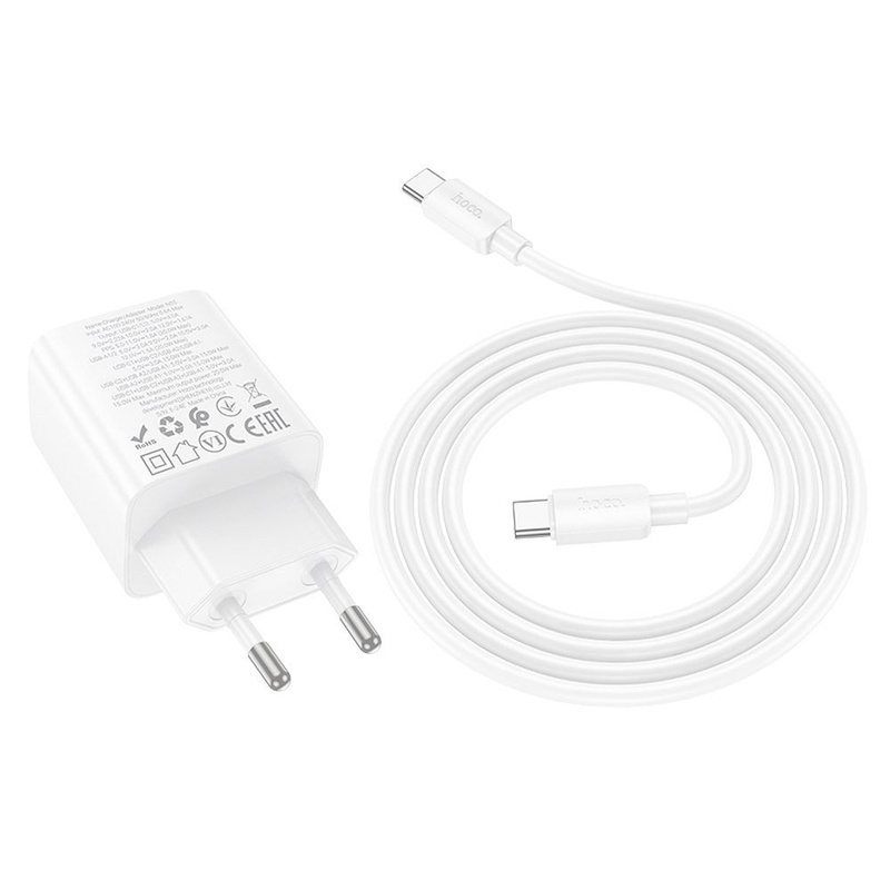 Ładowarka sieciowa do telefonu Hoco 2 x USB C + 2 x USB A QC3.0 PD 3A 20W + kabel USB C do USB C N55 biała