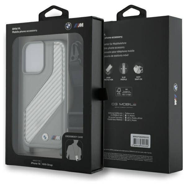 Original Handyhülle IPHONE 16 BMW Hardcase M Edition Carbon Stripe & Strap (BMHCP16S23PSCCG) grau
