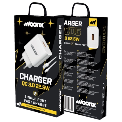 MOONX wall charger MC05 22,5W 1xUSB QC3.0 + cable Micro USB White