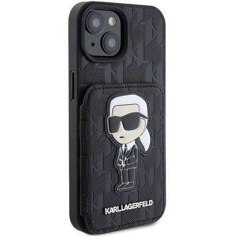 Etui Karl Lagerfeld Saffiano Cardslots and Stand Monogram Ikonik Patch do iPhone 15 - czarne