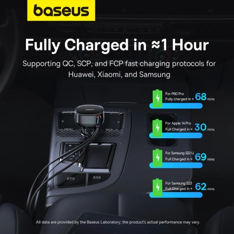 Baseus Enjoyment USB-A-Autoladegerät mit USB-C/ Lightning -60-W-Kabel – Schwarz