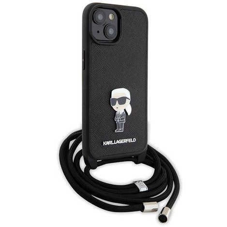 Karl Lagerfeld Umhängetasche mit Saffiano-Monogramm und Metallnadel, Karl &amp; Choupette-Hülle für iPhone 15 – Schwarz