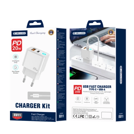 JELLICO wall charger EU11 PD 20W 1xUSB-C + 1xUSB QC3.0 + cable USB-C - USB-C White