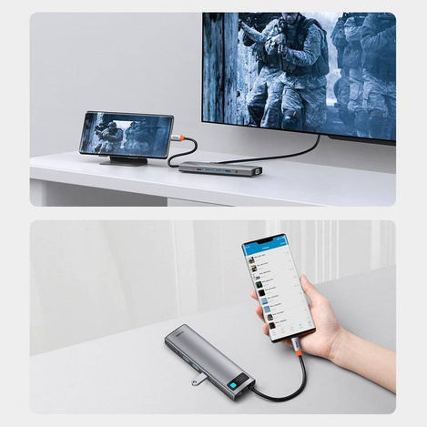 Baseus Metal Gleam 11w1 wielofunkcyjny HUB USB Typ C - 3x USB 3.2 Gen 1 5Gbps / USB Typ C PD 100W / 3,5 mm mini jack AUX / VGA Full HD 60Hz / 2x HDMI 4K 30Hz / czytnik kart TF i SD / RJ45 1Gbps szary (CAHUB-CT0G)