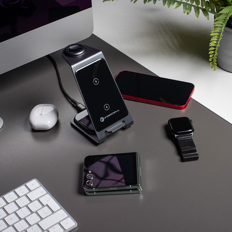 Ładowarka indukcyjna Forcell F-Energy 3w1 Simply Charge kompatybilna z Apple Watch i Samsung Watch szara