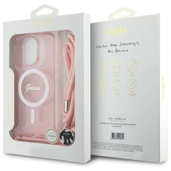 Original Handyhülle IPHONE 16 PRO MAX Guess Hardcase Crossbody Cord Script MagSafe (GUHMP16XHCTSGNSP) rosa