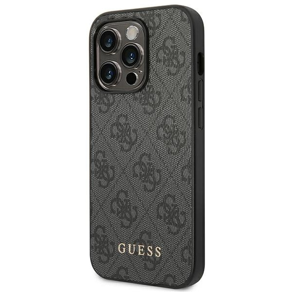 Guess GUHCP14LG4GFGR iPhone 14 Pro 6.1 &quot;Grau / Graues Hartschalenetui 4G Metal Gold Logo