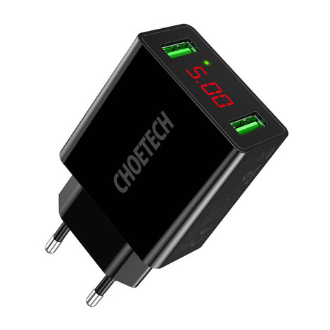 Choetech dwuportowa ładowarka USB-A z cyfrowym wyświetlaczem 11W wtyczka EU czarny (C0028)