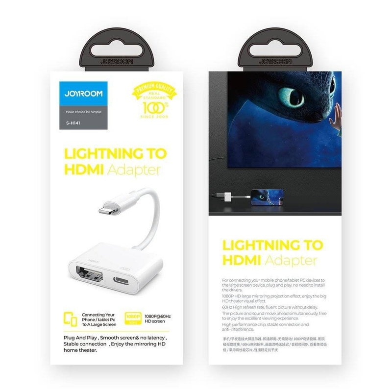Joyroom adapter przejściówka ze złącza Lightning (męski) na cyfrowe HDMI (żeński) + Lightning (żeński) FullHD 1080p 60Hz biały (S-H141 white)