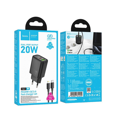 HOCO ładowarka sieciowa USB A + Typ C + kabel Typ C do Typ C PD QC3.0 3A 20W N61 czarna