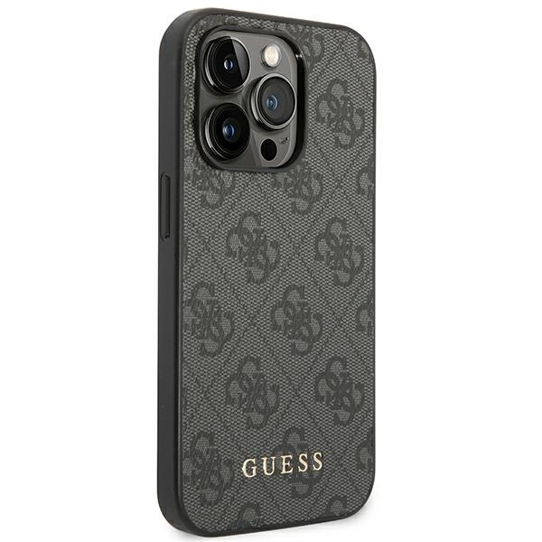 Guess GUHCP14LG4GFGR iPhone 14 Pro 6.1 &quot;Grau / Graues Hartschalenetui 4G Metal Gold Logo