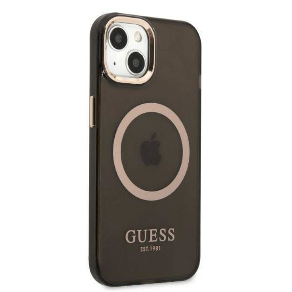 Original Handyhülle IPHONE 13 Guess Hard Case Gold Outline Translucent MagSafe (GUHMP13MHTCMK) schwarz