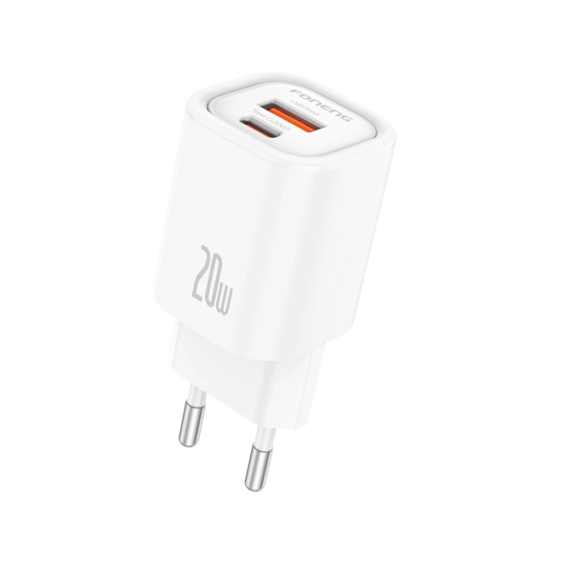 FONENG Netz-Ladegerät EU70 PD 20W 1xUSB-C + 1xUSB QC3.0 + kabel USB-C - USB-C weiss