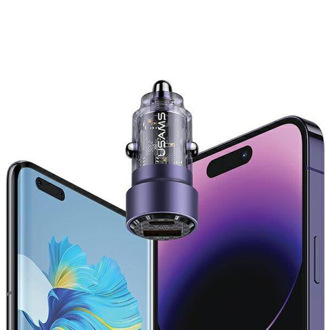 Ładowarka Samochodowa 60W Fast Charge USAMS C39 USB+USB-C fioletowy/purple CC208CC02 (US-CC208)