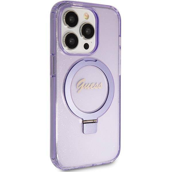 Guess Ring Stand Script Glitter MagSafe Hülle für iPhone 15 Pro – Lila