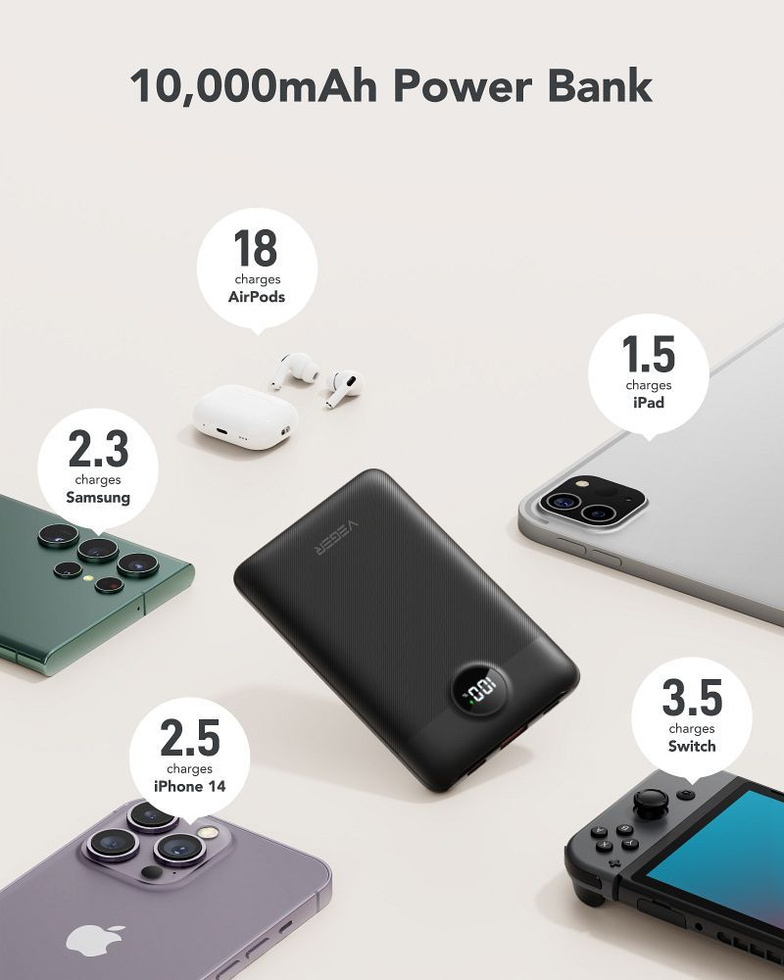 Bateria zewnętrzna (Powerbank) VEGER C11 BEST - 10 000mAh LCD z kablem Typ C + Apple Lightning 8-pin QC3.0 PD 22,5W (W1170)